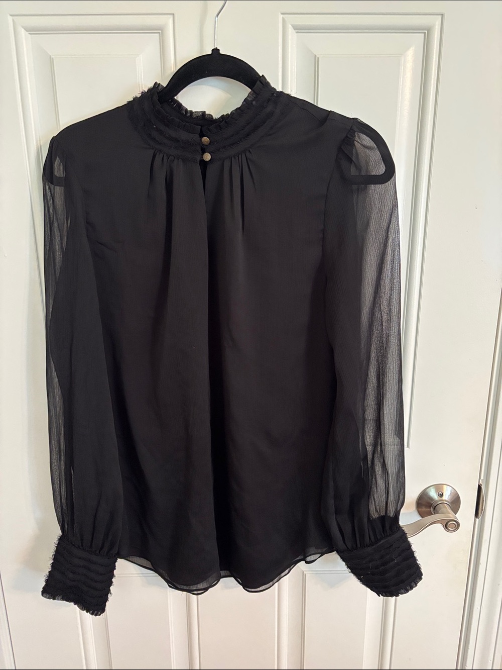 White House Black Market Black Sheer Ruffle Mock-Neck Blouse